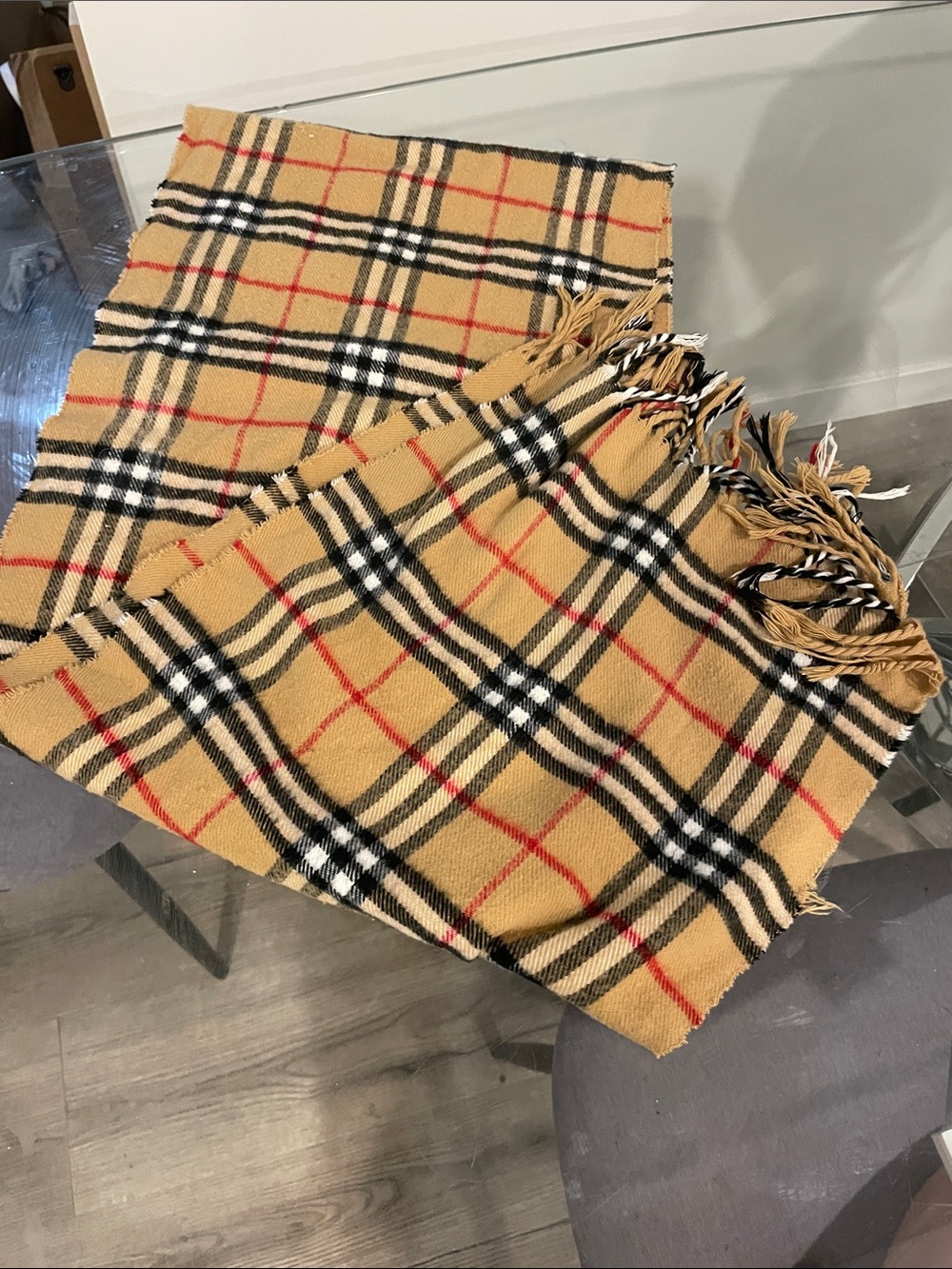 Burberry Tan Plaid Fringed Wool Scarf